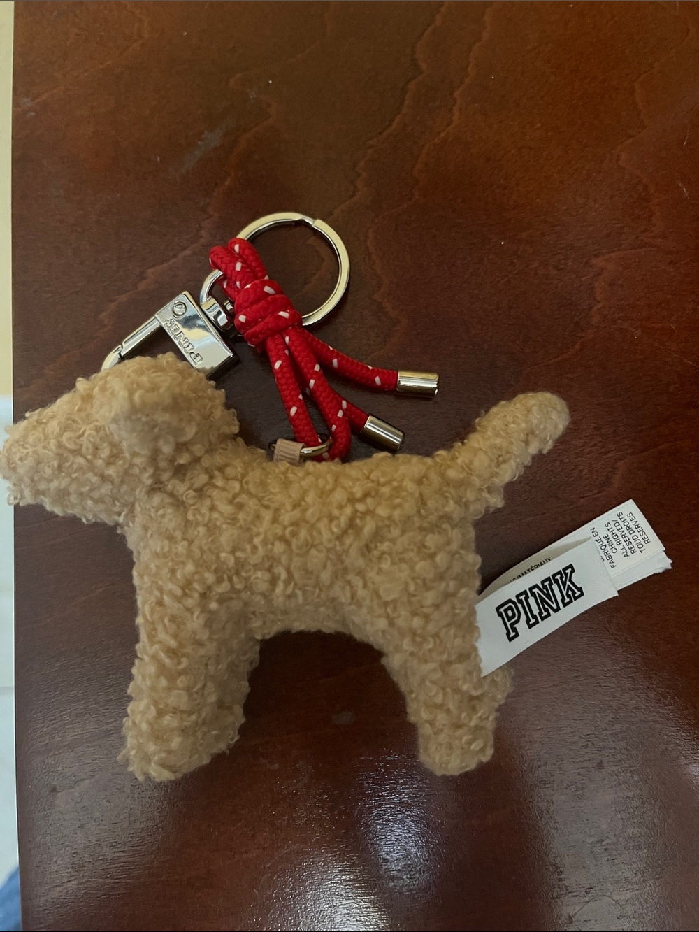 NWOT PINK Victoria's Secret Plush Tan Dog Keychain with Red Rope